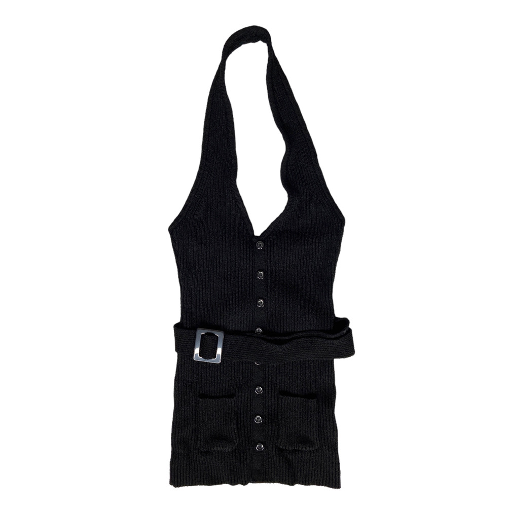 Bebe Y2K Halter Top Ribbed Knit Sweater Tank Black Belted Womens Size Small - Picture 8 of 8